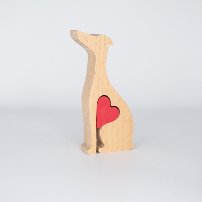 Wooden Greyhound with personalised heart, small owner gift, dog sitter memento, fawn Italy greyhound figurine, Gotcha day, Mother's day gift image 1