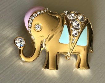 TRUNK UP ELEPHANT "Fanny" Convertible Pendant Brooch ~ Rare Vintage Sarah Coventry New Old Stock ~ Large ~ Hand Painted ~ Austrian Crystals