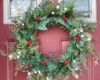 Christmas Wreath | Winter Wreath and Decor | Mistletoe Wreath | Handmade Grapevine Wreath for Front Door or Mantle | Shimmering Foliage