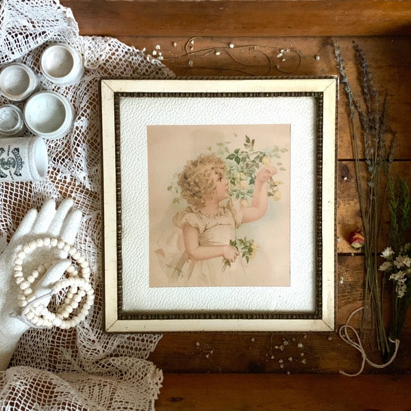 1910 MAUD HUMPHREY PRINT/Antique Blonde Girl in White Dress with Yellow Roses Original Color Lithograph Maud Humphrey Framed Print/12.5x11.5