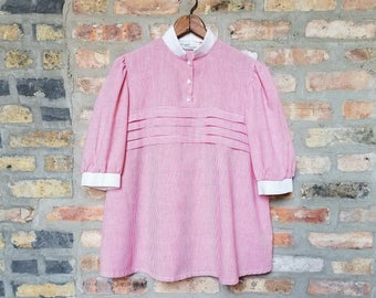 70s French Pinstripe Blouse/B'egat by Pacesetter/Red Striped Shirt/Mandarin Collar/Striped Ruffled Top/Puff Sleeve/27"Long/40"Chest/9"Sleeve