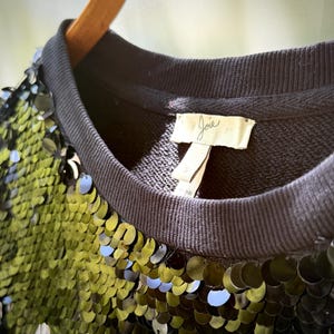 K&ouml;nnte beinhalten: Ein schwarzes Sweatshirt mit Paillettenbesatz und geripptem Rundhalsausschnitt und B&uuml;ndchen. Das Kleidungsst&uuml;ck hat ein Etikett mit der Aufschrift "Joie". Die Pailletten sind eine Mischung aus Schwarz und Gr&uuml;n und erzeugen einen schimmernden Effekt. Das Sweatshirt h&auml;ngt an einem Holzb&uuml;gel.
