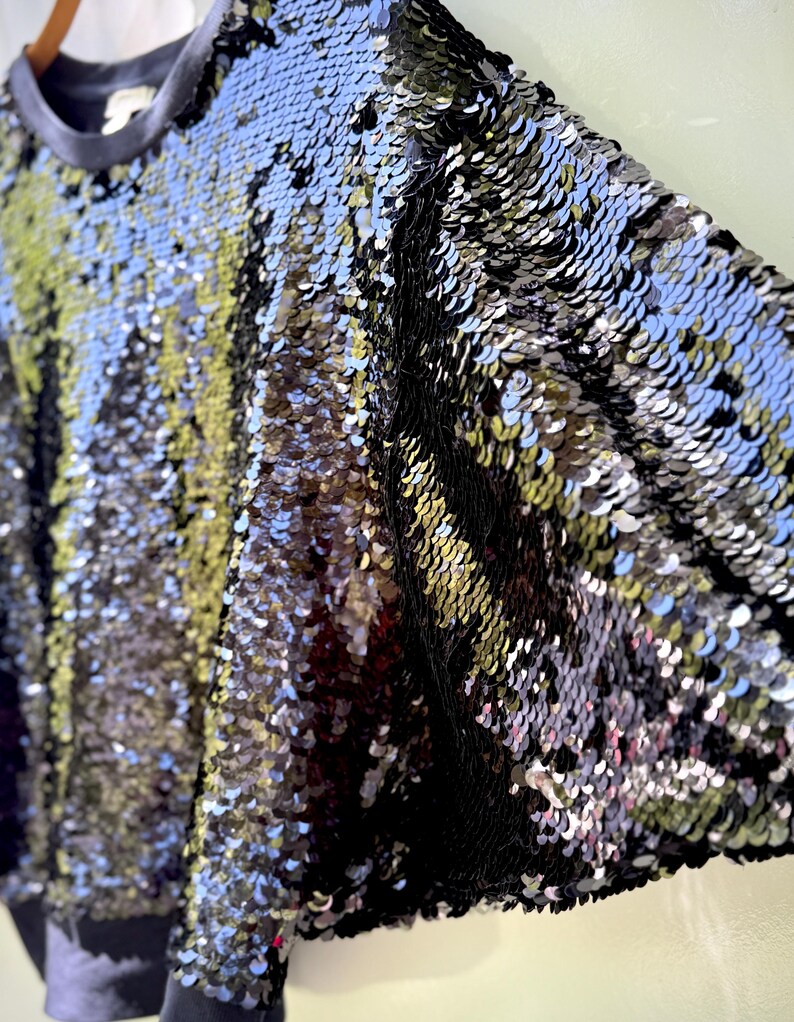K&ouml;nnte beinhalten: Ein schwarzes Pailletten-Sweatshirt mit Rundhalsausschnitt und langen &Auml;rmeln. Die Pailletten sind eine Mischung aus Schwarz und Silber und erzeugen einen schimmernden Effekt. Das Kleidungsst&uuml;ck h&auml;ngt an einem Holzb&uuml;gel.