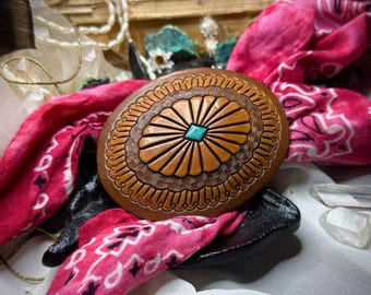 Artisan Hand-Chased Native American Camel Brown Tanned Hand Painted Leather Belt Buckle Scarf Decor Bolo