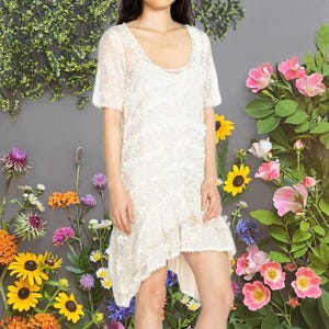 May include: A white lace dress with a scoop neckline and short sleeves. The dress has a layered, asymmetrical hemline. The background features a gray wall adorned with colorful flowers and greenery.
