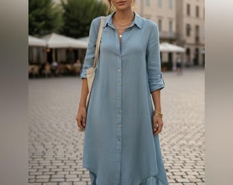 Italian Linen Maxi Dress Duster - Denim Blue, Roll Tab Sleeve, Size M