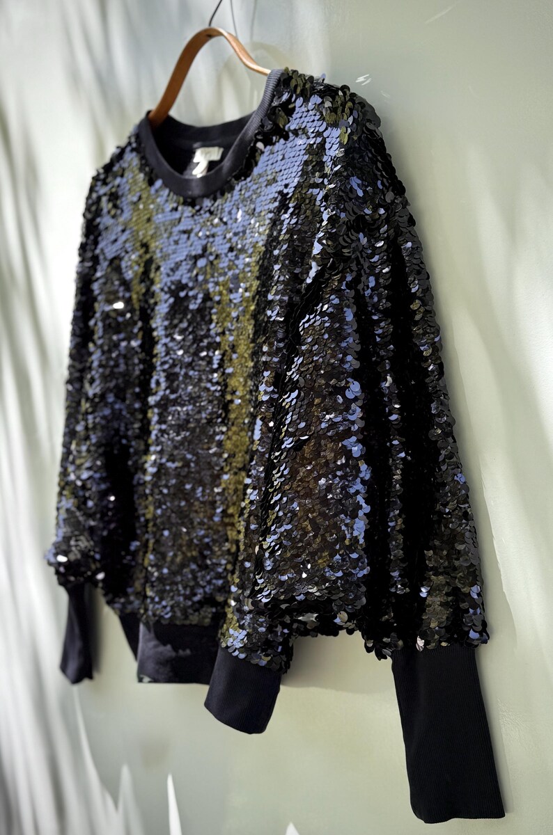 K&ouml;nnte beinhalten: Schwarzes Pailletten-Sweatshirt mit Rundhalsausschnitt und langen &Auml;rmeln. Das Oberteil ist mit gl&auml;nzenden schwarzen Pailletten bedeckt, die einen schimmernden Effekt erzeugen. Die &Auml;rmel und der Ausschnitt sind einfarbig schwarz.