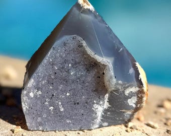 AAA Brazilian Blue Grey Druzy Agate Foot & Point Rough Botton Crystal Tower