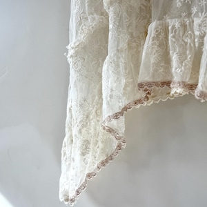 May include: A section of a white lace curtain with multiple layers and floral patterns. The edges are trimmed with a delicate, scalloped, light brown lace. The curtain is hanging against a white wall, with soft lighting.