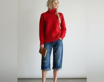 70’s McGregor Vibrant Red Authentic Scottish Shetland Wool Turtleneck Vintage Sweater