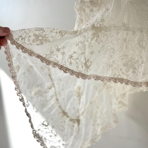 May include: Close-up of a cream-colored lace fabric with intricate floral patterns. The delicate lace features a scalloped edge with a contrasting trim. The fabric is held up, showcasing its texture and design.