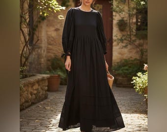 Hunter Bell Black Maxi Dress, Puff Sleeve Peasant Style, Size M