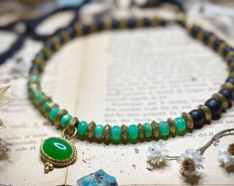 Handmade Silk Ribbon Choker: Chrysoprase, Jade & 24k Gold