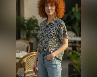 Philosophy Anthropologie Cheetah Print Blouse, Fringe Hem, Size L