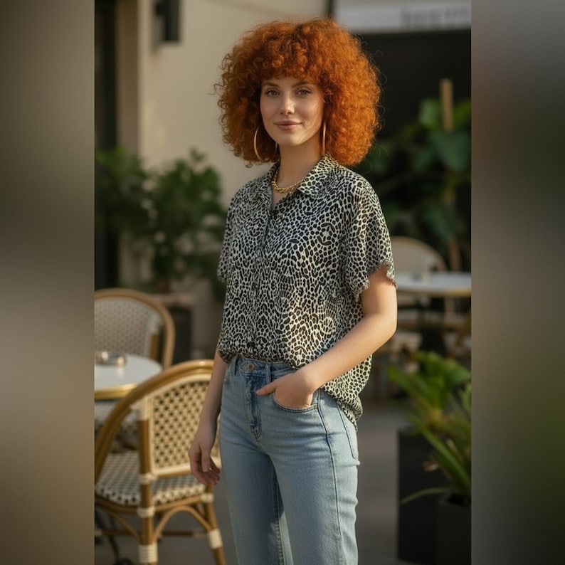 Blusa con estampado de guepardo de Philosophy Anthropologie, dobladillo con flecos, talla L imagen 1