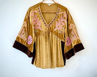 NWT Easel Southwestern Embroidered Two-Toned Burgundy Velour V Neck Tunic Babe Doll Dress