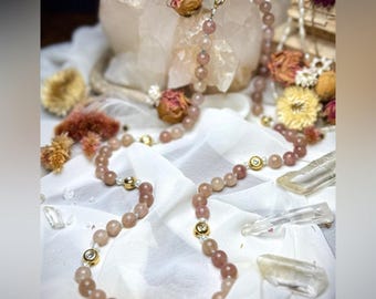 Strawberry Quartz Beaded Necklace, Freshwater Pearl & Crystal, Silk Knotted 27"