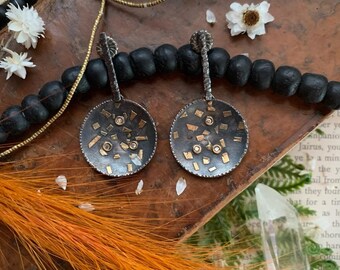 Artisan Oxidized Sterling Silver Dangle Earrings, 18k Gold & Diamond