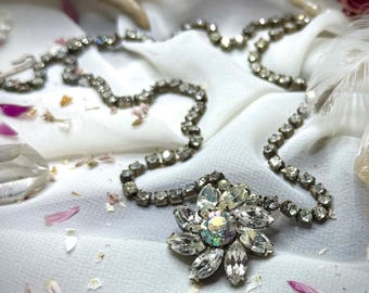 1950’s Eisenberg Floral Aurora Borealis Clear Crystal Rhinestone Pendant Choker Statement Necklace 20" Long