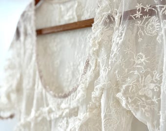 Johnny Was All White Lace Asymmetrische Kurzarm Schiere Baby Doll Kleid