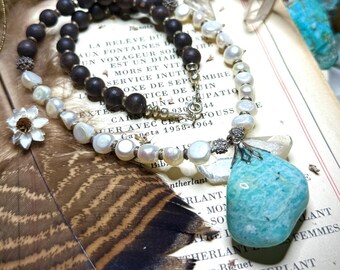 Vintage Larimar Pendant Necklace: Burmese Silver, Agarwood & Pearl Choker