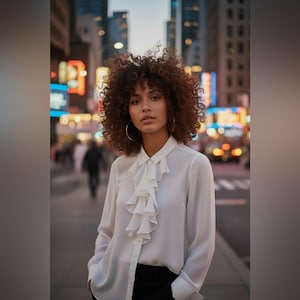 May include: A woman with curly brown hair wearing a white blouse with ruffled detailing and black pants. She is wearing gold hoop earrings. The background shows a city street with blurred lights and buildings.