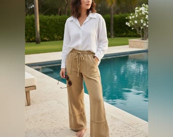 Pantalones deportivos Saffron Palazzo - Pierna ancha de algodón de rizo lavado mineral