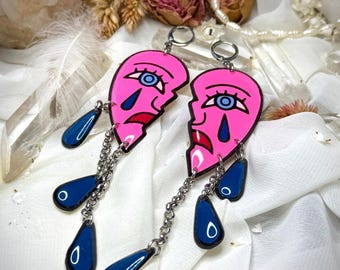 Handmade Neon Pink Broken Heart Dangle Earrings