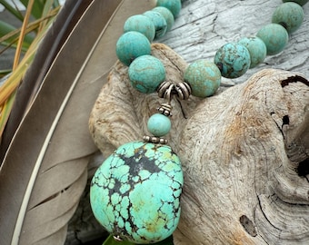 Kingman Turquoise Leather Necklace: Southwestern Sterling Silver Pendant