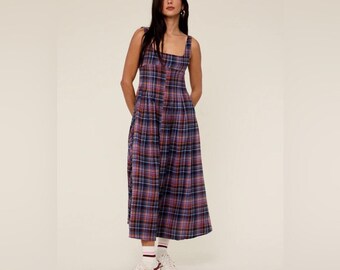 Plaid Flannel Midi Dress, Empire Waist with Pockets, Size S