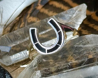 Polished Black Onyx Inlay on Sterling Silver Southwestern Cowboy Horseshoe Statement Ring Size 12