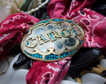 Vintage Turquoise Inlay Belt Buckle: Hand-Forged Silver Metal & Brass Bolo