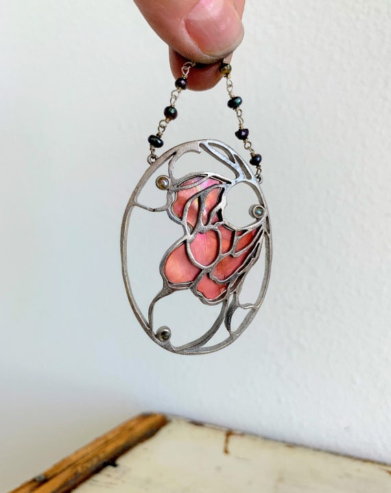 VTG TAHITIAN PEARL and Silver Pendant/Floral Pink… - image 5