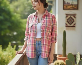 Sundance Plaid Button-Down Blouse: Pink & Blue, Size S