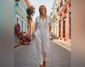 Linen Striped Romper: Milio-Milano Aveline, Roll Tab Sleeve, Size M