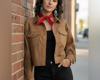 Chaqueta vaquera de ante sintético con flecos - Marrón Carmelo, talla L