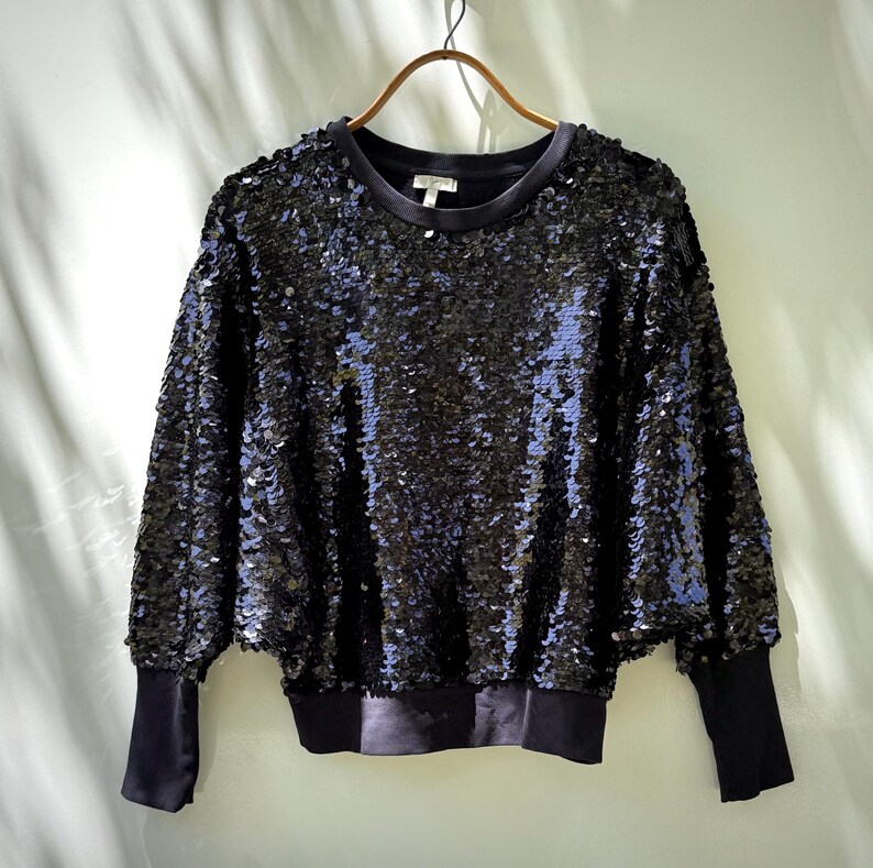 K&ouml;nnte beinhalten: Ein schwarzes Sweatshirt mit Paillettenbesatz, langen &Auml;rmeln und einem Rundhalsausschnitt. Die &Auml;rmel und der Saum sind einfarbig schwarz. Das Kleidungsst&uuml;ck h&auml;ngt an einem goldfarbenen Kleiderb&uuml;gel vor einem hellgr&uuml;nen Hintergrund.
