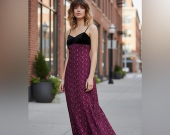 90s Grunge Maxi Dress: Burgundy Floral Lace, Velvet Trim