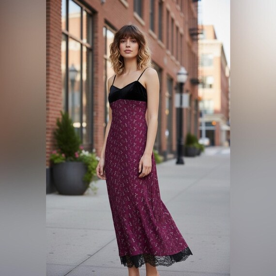 90s grunge maxi dress 90s Grunge Maxi Dress: Burgundy Floral Lace, Velvet Trim