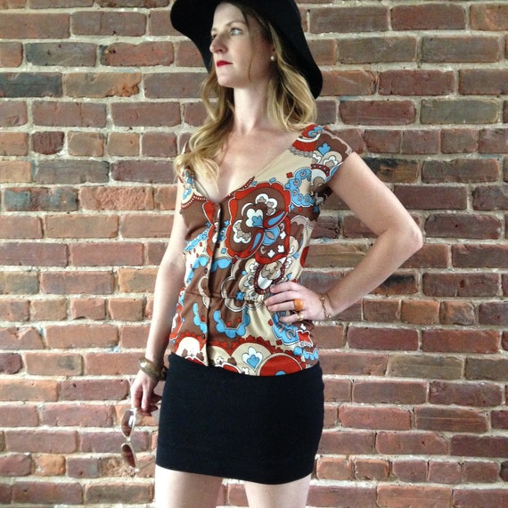 Vintage button up short sleeve psychedelic blouse