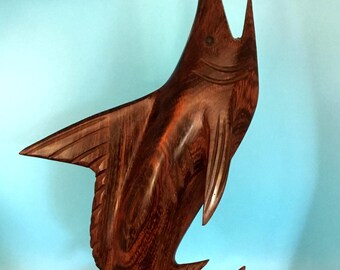 Vintage Hand-Carved Wooden Swordfish Sculpture – Marlin Figurine – Solid Hardwood Nautical Decor – 15" Tall – Ocean Coastal Display