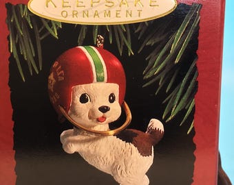 May include: A Christmas ornament of a puppy wearing a red American football helmet with a green stripe. The ornament is in a red box with the words "Keepsake Ornament" in gold lettering.