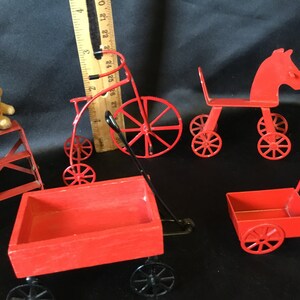 Lot of 5 Vintage Dollhouse Miniatures – Made in Taiwan Metal Toys – Wagon, Cart, Horse, Bicycle, Ladder + Bonus Wagon