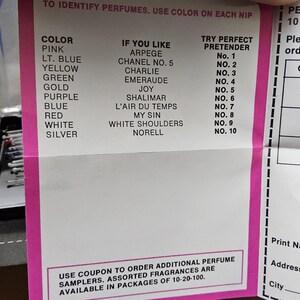 May include: A printed sheet with perfume identification information. The sheet lists perfume colors, corresponding fragrances, and "Try Perfect Pretender" numbers. A black case with perfume samples is visible on the left. The sheet also includes an order form.
