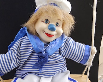 Vintage Sailor Clown Doll on Wooden Swing – 7.5" Collectible Circus Figurine, Nautical Clown Decor- 1980's