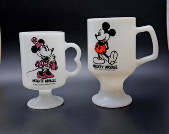 Vintage Fire-King Milk Glass Disney Mugs – Mickey & Minnie Mouse Footed Pedestal Cups – Walt Disney Productions 1970s Collectible Pair