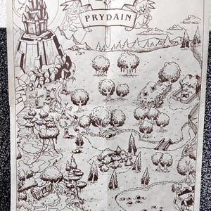 May include: A sepia-toned vintage map of Prydain, depicting a castle, trees, and a sword. The map is intricately detailed with forests, mountains, and a lake, offering a classic fantasy aesthetic.