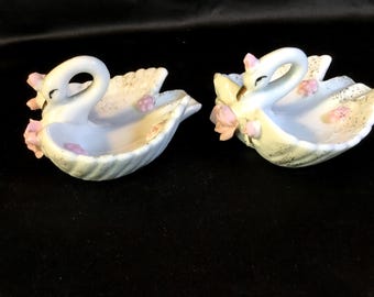 Vintage Ceramic Swan Trinket Holders – Set of 2 Small Swan Figurines with Pink Flowers & Gold Gilt – 2” Wide