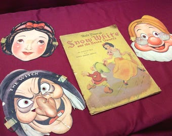 1938 Walt Disney Snow White & the Seven Dwarfs Book w/ Masks – Vintage Authorized Movie Book