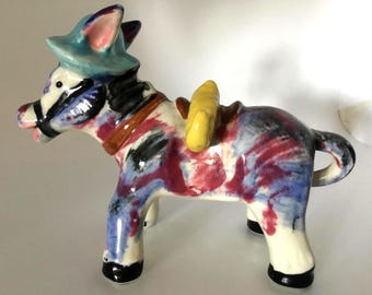 Vintage Ceramic Donkey Figurine – Hand Painted Colorful Pottery Mule with Hat & Saddle – Mid-Century Whimsical Dec